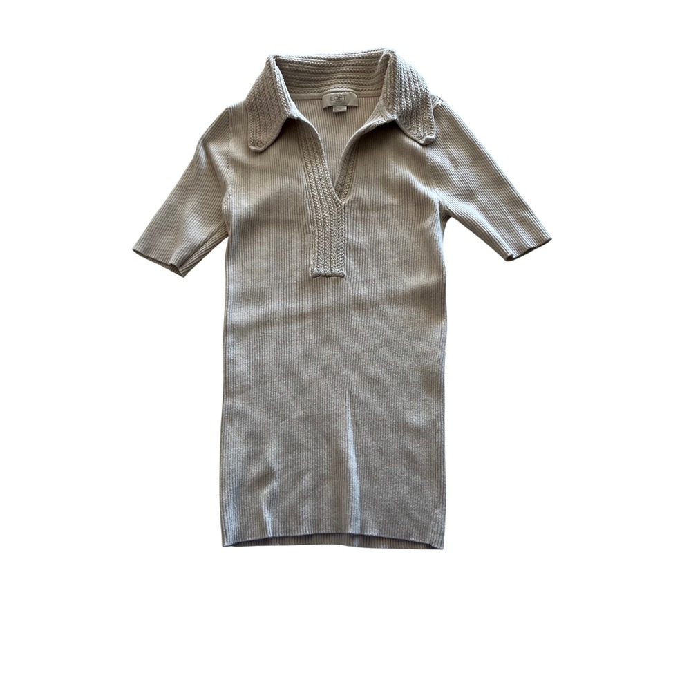 Loft Outlet Womens Beige Ribbed Knit Short Sleeve Polo Sweater XS Johnny Collar